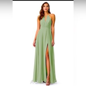Azazie Sage Green Halter Prom Dress with Thigh Slit